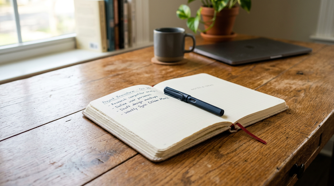 Open notebook listing project brainstorm tasks beside a pen, coffee, laptop, and plant